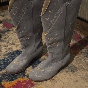 Fashion Nova Blue and Gold Embroidered Heeled Boots